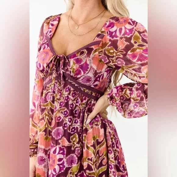 NWT Floral Print Boho Velvet Contrast Balloon Long Sleeve Mini Dress - Picture 8 of 12